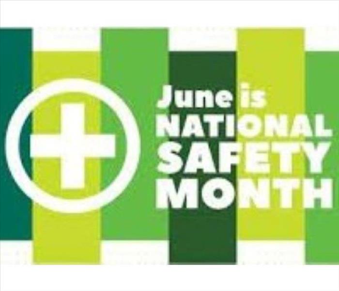 June is National Safety Month text on top of various shades of green vertical blocks